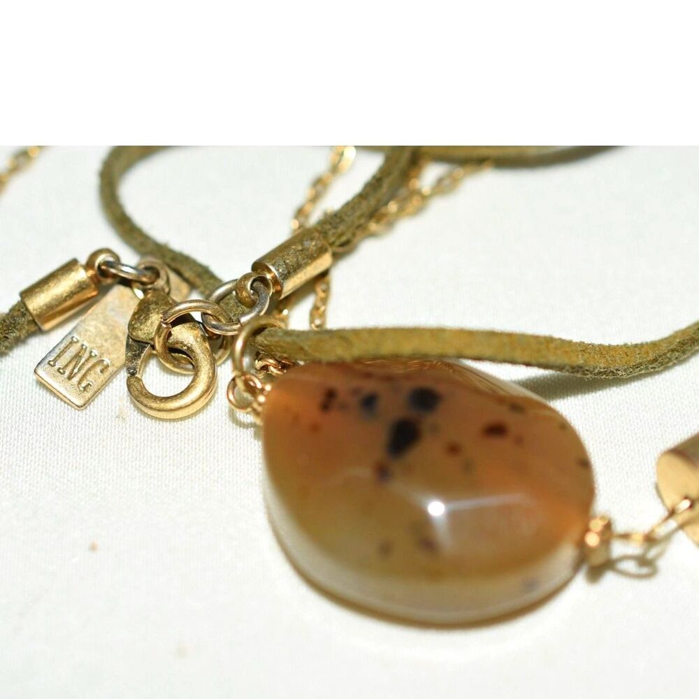 Vtg. INC Green Leather/Gold Tone Double Layer 5" Brown Stone Tassel 36" Necklace
